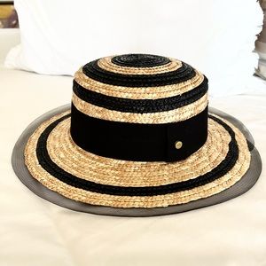 BCBGeneration Straw Hat Boater with Black Ribbon and Netting